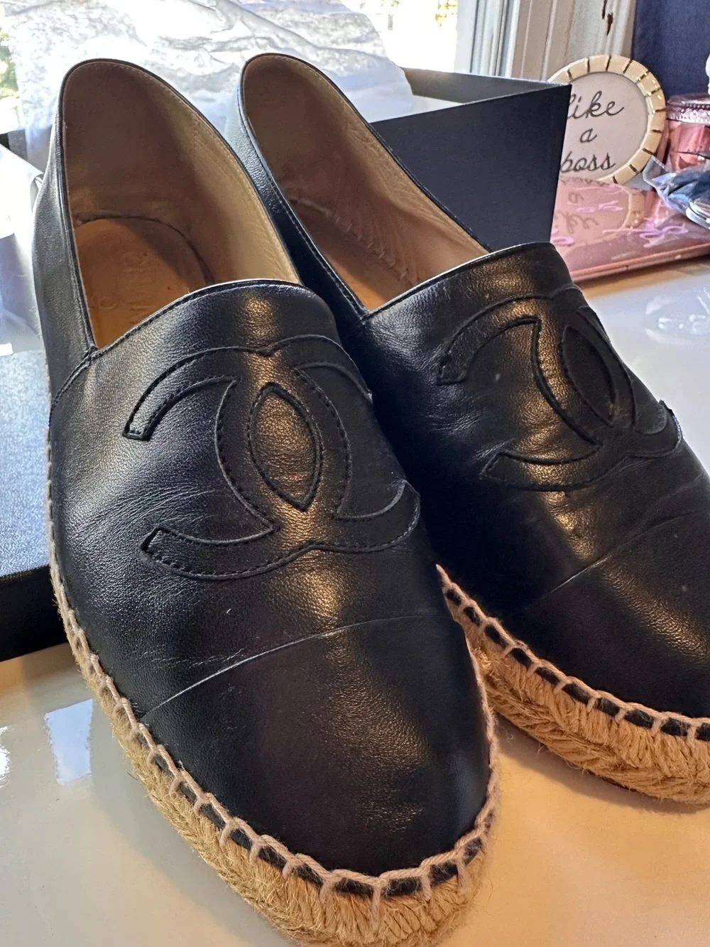 CHANEL Black Leather Espadrille Flats with Interlocked CC
